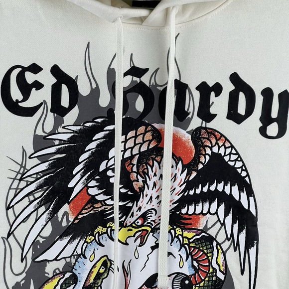 NWT Ed Hardy Men's Battle Skull Ivory Hoodie Sweatshirt Size XL Pullover - Picture 13 of 15
